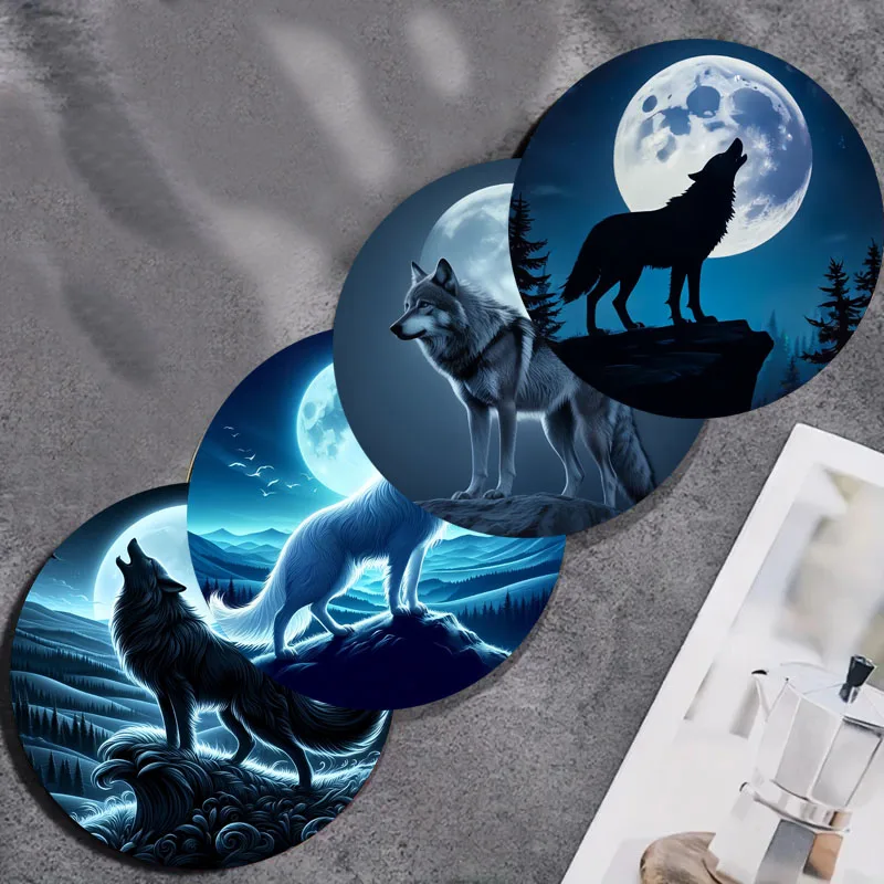 4 Stück Untersetzer mit Wolf-Print, geeignet für die tägliche Familienparty-Dekoration, Büro, rutschfeste Holzuntersetzer, Weihnachtsgeschenke Image