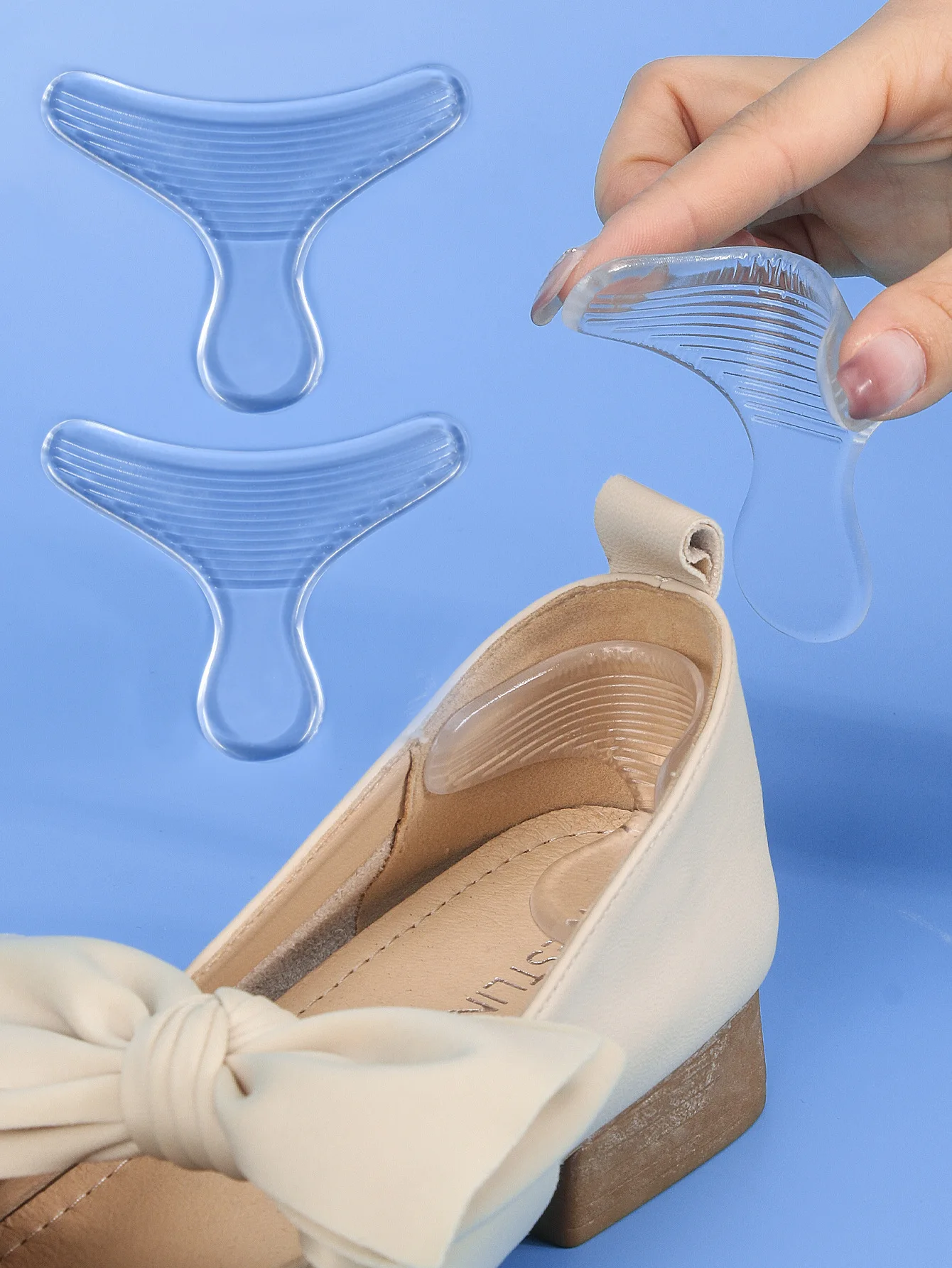 1 Paar T-förmiges Silikon-Fersenkissen für Damenschuhe, Einsatz für Fersenschmerzen, reduzierte Größe, gepolstertes Kissen, Fersenfutter