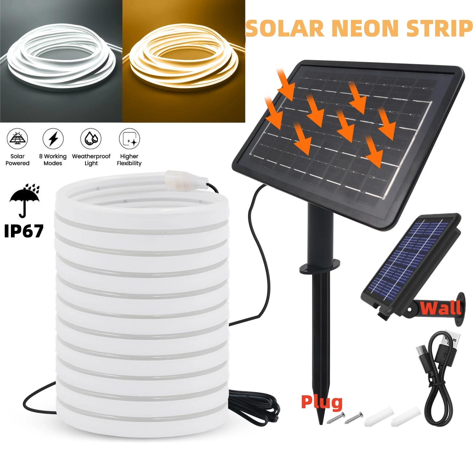 24V Neon-Licht Solar-LED-Streifen 3M 5M 10M Wasserdichtes Seil Silikon-Schlauch Neonschild Flexible Lampe Heimdekoration Weiß Warmweiß Image
