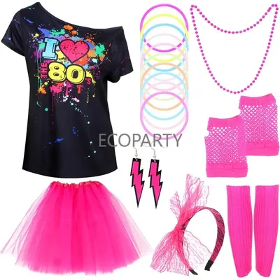 80er Jahre Kostümzubehör Damen Party Kostüm Set Erwachsene Tutu Rock Neon Netzhandschuhe Perlen Image