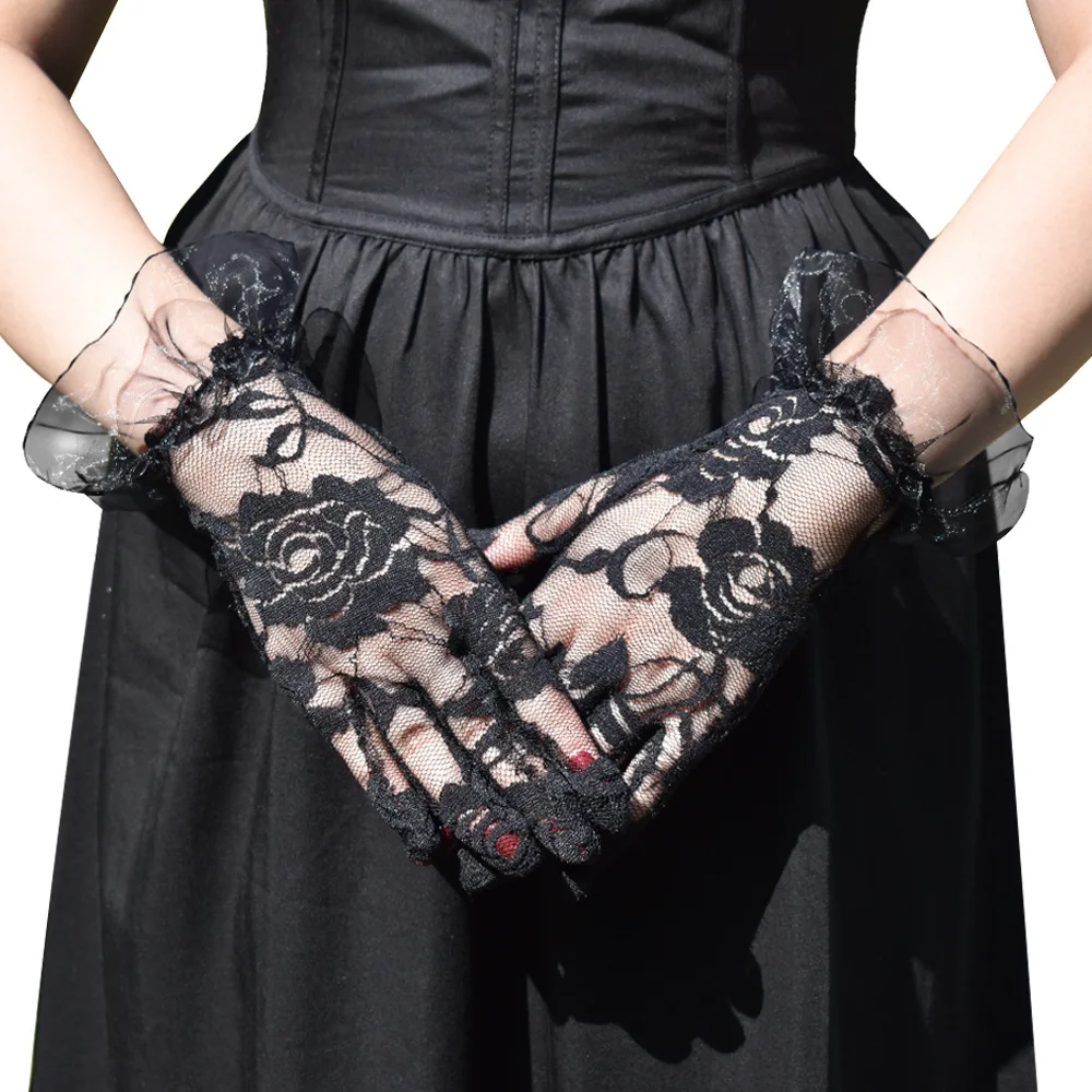 Neue Sommer kurze Spitze Spitzenhandschuhe für Frauen Halloween Retro sexy große Rose Abendkleid Handschuhe