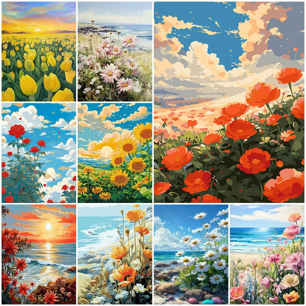 Digitales Ölgemälde, Tulpe, Mohnblumen, Meer, DIY, Malen nach Zahlen, Landschaft, Zeichnung auf Leinwand, Acrylfarbe, handgemaltes Geschenk