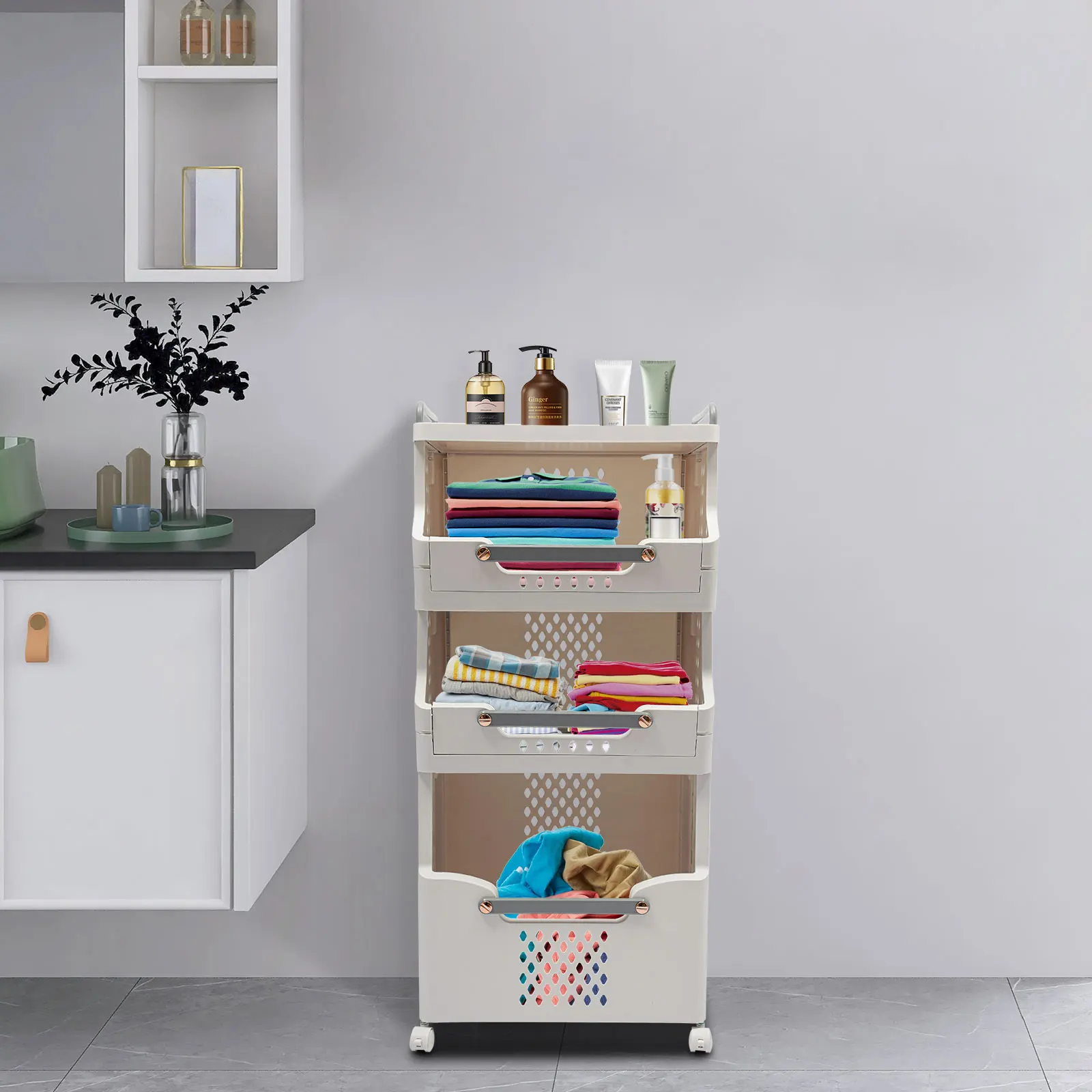 Mehrstufiger Wäschekorb für schmutzige Kleidung, Wäschekorb mit 360°-Grad-Motiv ° Leiser, faltbarer Wäschekorb mit Riemenscheibe, maximale Tragfähigkeit 25 kg