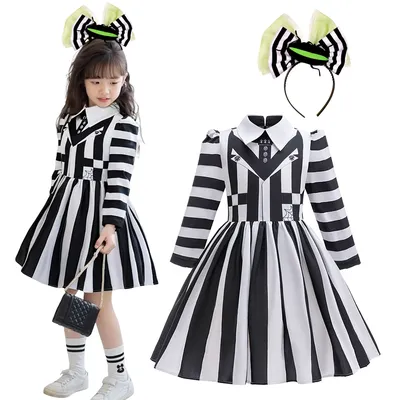4–12 Jahre Mädchen-Halloween-Kleid und Stirnband, Master Horrible Monk, schwarz-weiß gestreiftes Image