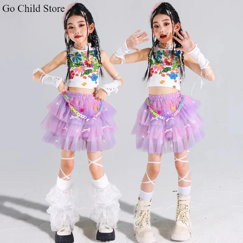 Mädchen K-pop Crop Top Süße Bunte Layered Röcke Kind Hip Hop Streetwear Kind Jazz Kostüm Mädchen Gruppe Street Dance kleidung Set