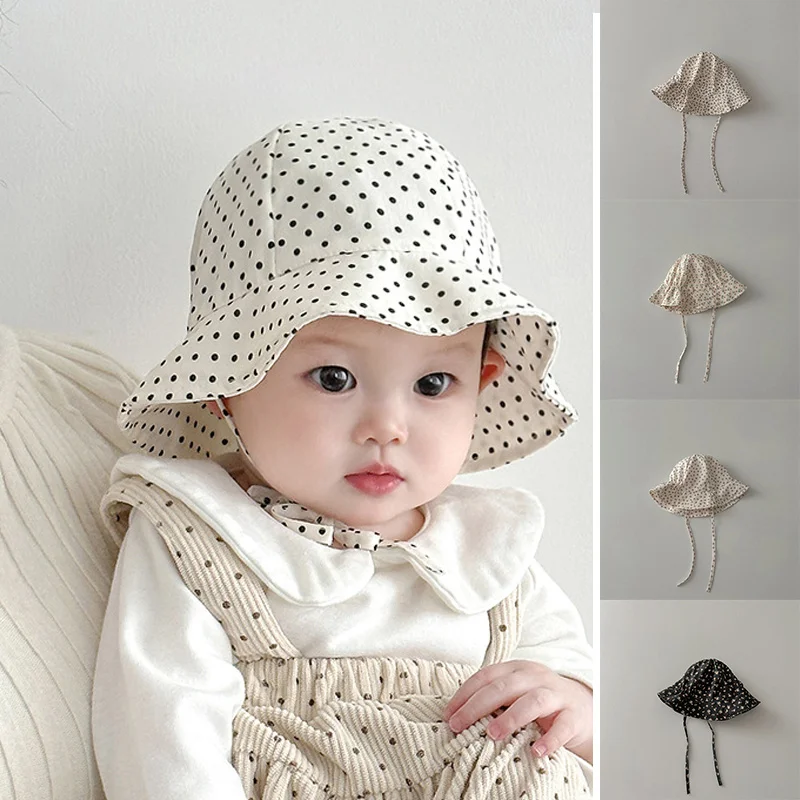 Koreanische Dot Print Baby Eimer Hut Nette Blume Infant Mädchen Fischer Kappe Frühling Sommer Sonnenschirm Schnürung Prinzessin Sun Caps Image