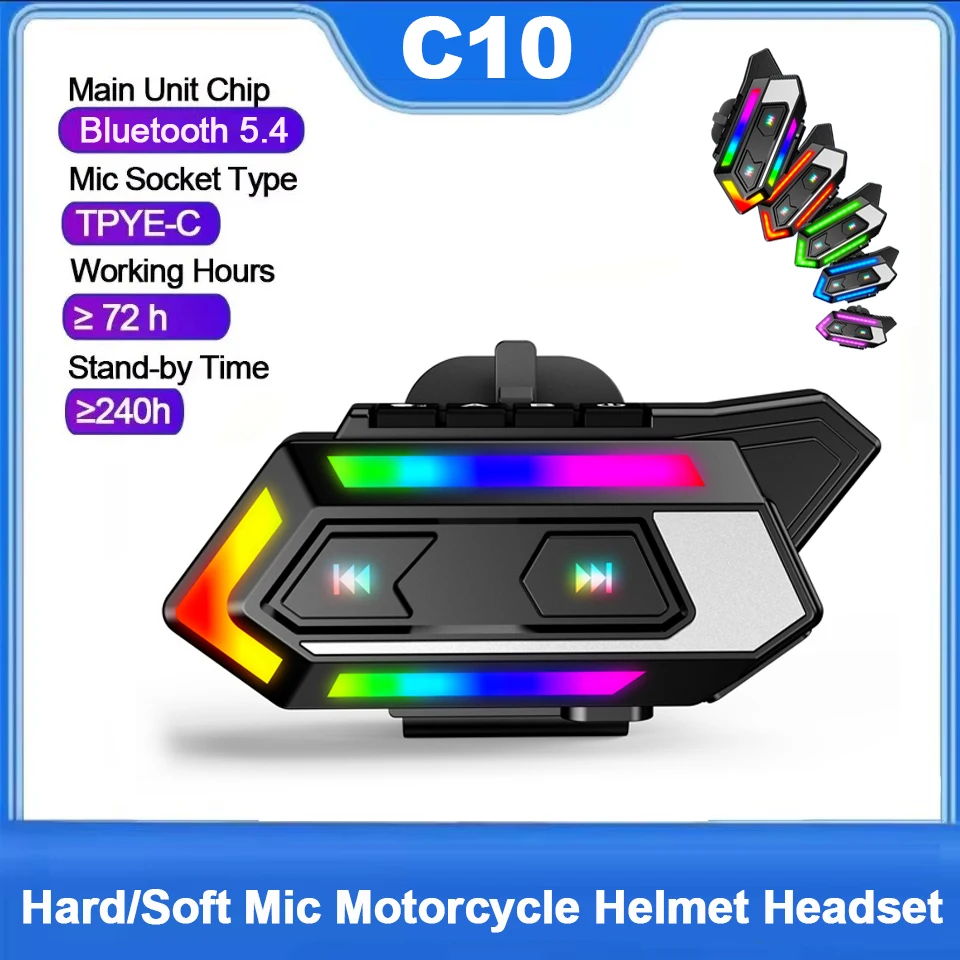C10 Motorradhelm Bluetooth Headset BT5.4 Freisprechanruf Drahtlose Rauschunterdrückung Wasserdichter Kopfhörer mit RGB-Licht Image