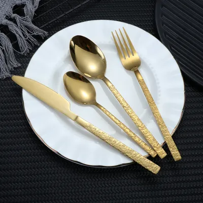 4/24PCS Western Tableware Set Spoon Fork Knife Stone Pattern Stainless Steel Gold Flatware Dinner Kitchen Dinnerware Set