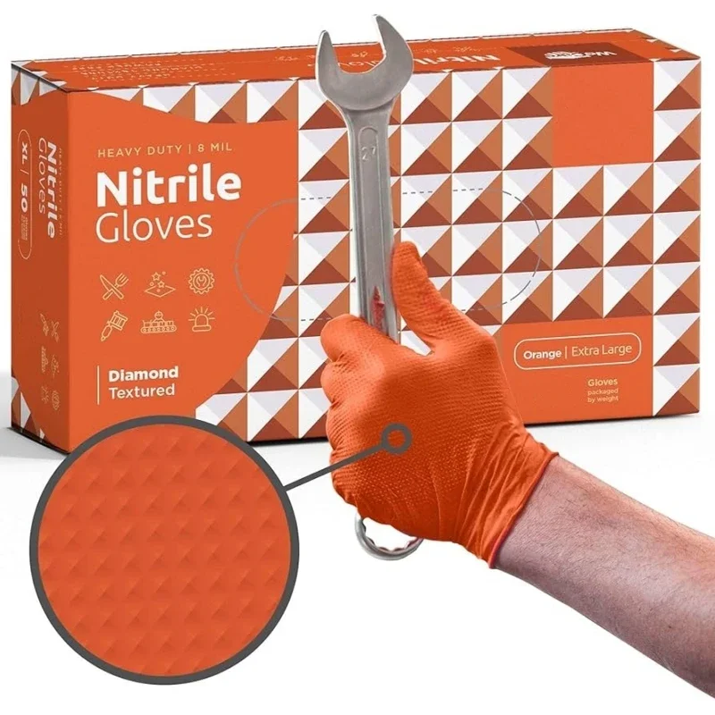 Robuste orangefarbene Nitrilhandschuhe, Einweghandschuhe mit 8 mil industriellen Diamant-Strukturgriff, latexfreie mechanische Autosicherheitshandschuhe Image