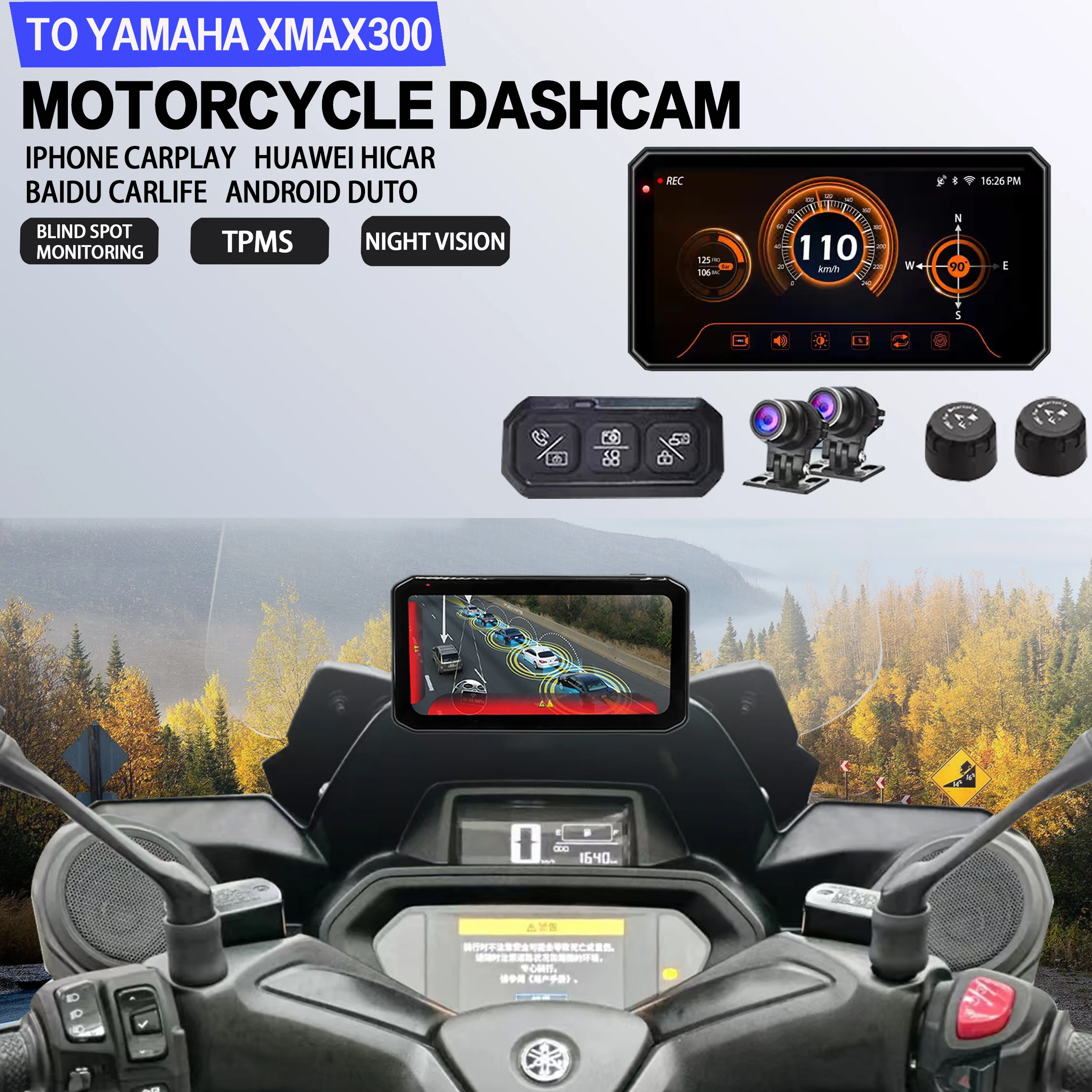 Per YAMAHA XMAX300 2K Moto DVR di Navigazione TPMS Punto Cieco di Avvertimento IP67 Monitor Impermeabile telecamera Carplay GPS Dash Cam