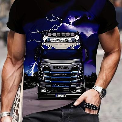 TEMU Men's Ethnic Geometric Truck & Paint Mark Graphic T-shirt - Lettering, Lightning Bolt Design, & Purple, Breathable Summer Crew Neck Tee For Outdoor Sports & Casual Wear Image