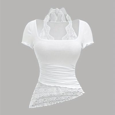 TEMU Elegant Women's Lace-trimmed Asymmetrical Halter Neck Top - Slim Fit, Short Sleeve, White With Black Lace Detail, Summer, Elegant Attire|asymmetrical Design|lace Trim Detail Image