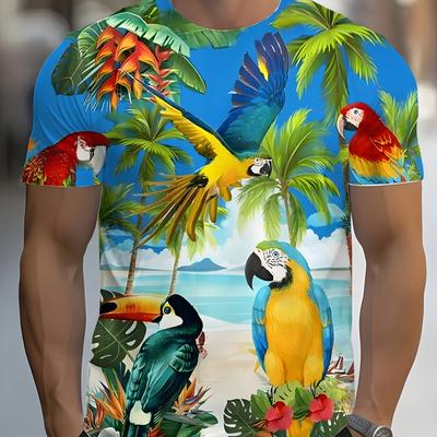 TEMU Men's Tropical T-shirt, Casual Crew Neck Short Sleeve Tee, 100% Polyester Knit Fabric, Stretch Summer Top, Regular Fit - 110gsm Image