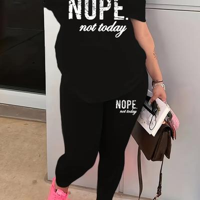 "TEMU Women's Casual Two-piece Set With "nope Not Today" Print - & Leggings, Short Sleeve, Crew Neck, Stretchy Polyester Blend, , Casual Attire| Top|stretchy Fabric" Image