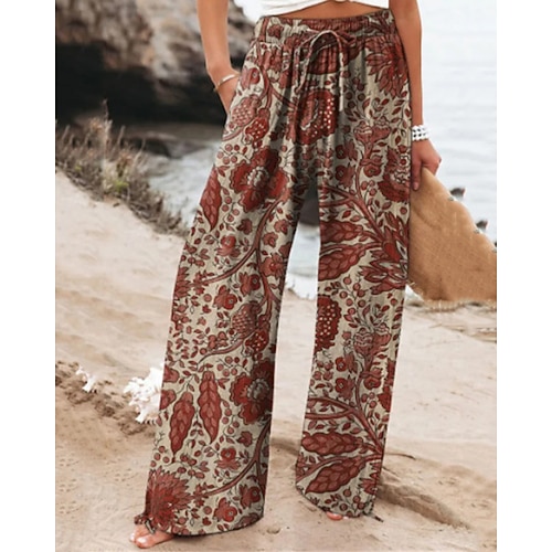 Damen Leinen-inspirierte Hosen Weites Bein Palazzo-Hose Mode Boho Volle Länge Hohe Taille Blume Elastischer Bund Bequem Atmungsaktiv Mikroelastisch Straße Alltagskleidung Ausgehen Blau Schwarz Rote Image