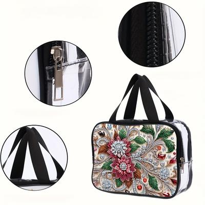 TEMU Diy Mosaic Kit, Floral Pattern Diamond Painting Makeup Bag, Transparent Pet Large Capacity Cosmetic Case - Portable Travel Makeup Pouch With Zipper - Multifunctional Cosmetics Organizer Image