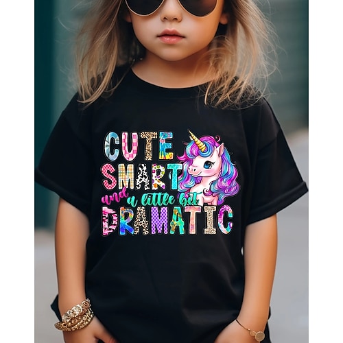 100% Baumwolle Kinder Mädchen Schwarz Einhorn Buchstaben T-Shirt Rundhalsausschnitt Kurzarm Outdoor Urlaub Täglich Klassisch Lässig Druck Sommer Image