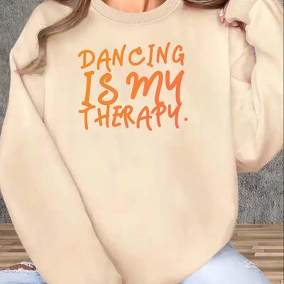 "TEMU Women's Cozy Fleece-lined "dancing Is My Relaxation" Pullover Sweatshirt - Warm, Non-stretch Fabric, Crew Neck, Long Sleeve - Fall/winter, Winter Apparel|crew Neck Sweatshirt|fleece Lined" Image