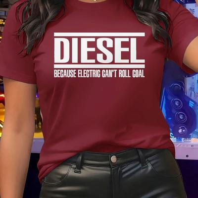 "TEMU Women's Casual Crew Neck Polyester T-shirt With " " Letter Print, Short Sleeve, Regular Length - , Enthusiast Apparel | Dieselthemed Apparel | Durable Polyester" Image