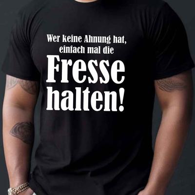 TEMU Men's Plus Size Casual Crew Neck Short Sleeve T-shirt - Geometric Print & German Text Graphic, Breathable Knit Fabric, Machine Washable, White, Fit Tee Image