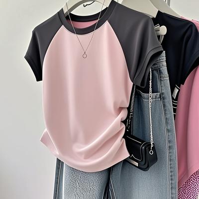 TEMU Women's Casual Color Block T-shirt - Soft Polyester, Round Neck With Side Ruching Waist Design, Short Sleeve, Lightweight & Breathable For Summer Fashion, Ladies T Shirt Image