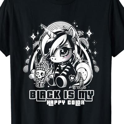"TEMU 100% Made In Usa 180g Goth Girl Emo Graphic T-shirt - With Skull & , "black Is My " Slogan, Regular Fit Short Sleeve Casual Tee For Adults" Image