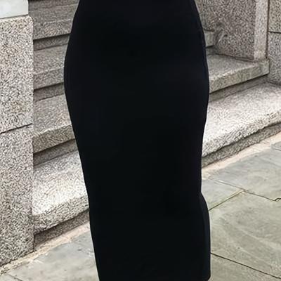TEMU Women's High-waisted Midi Skirt - Stylish Solid Color Black, Spring/summer Fashion Commuter Wear, Machine Washable, Comfortable & Versatile Design, Cute Skirts, Durable Fabric Image