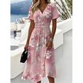 Frauen Elegante Midi Kleid A-Linien Kleid Wickelkleid V-Ausschnitt Kurzärmelig Ausgehen Reguläre Passform Floral Grafik Pink Blau Lila Grün