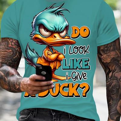 "TEMU Men's 3d Angry Duck Graphic Tee - Casual Crew Neck, 100% Polyester, Light Stretch, Knit Fabric, Summer Cartoon Print T-shirt With "do I A Buck?" Text, Casual Wear | Print | , Duck Shirt" Image