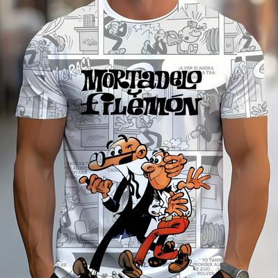 "TEMU Men's 3d Print Newspaper Cartoon T-shirt - Casual Crew Neck, Regular Fit, Light Stretch Fabric, With " Y Filemón" Characters, Casual Wear Tee | Graphic Tee | Tee" Image