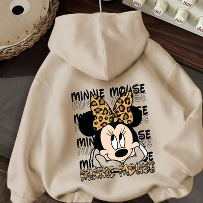 TEMU Women's Mouse Graphic Print Hoodie - Black With Bow & Text Design, 100% Polyester Casual Drawstring Hooded Sweatshirt, 250gsm , Machine Washable Image