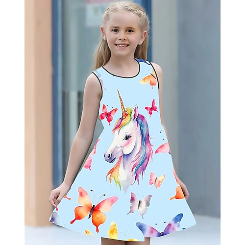 Mädchen' 3D Einhorn Kleid Ärmellos Sommer Frühling Urlaub Täglich Ferien Prinzessin Schön Süß Kinder 4-12 Jahre Freizeitkleid A Linie Kleid Knielang Normale Passform Image