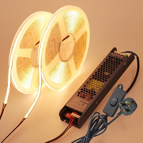 24 V COB-LED-Lichtstreifen, 20 m (2 Rollen à 10 m), Set, zuschneidbar, 11 W/m, 320 LEDs/m, CRI 93, LED-Bandleuchten mit Netzteil für Schlafzimmer, Küche, Wohnzimmer, Decke Image