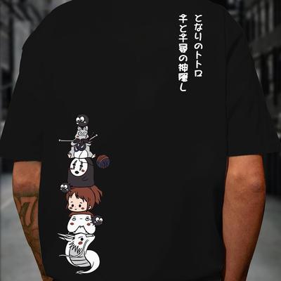 TEMU Men's Casual Graphic T-shirt - Anime-inspired Print, Soft Polyester Crew Neck, Short Sleeve, Regular Fit, Ideal For Summer Outdoor Activities Image