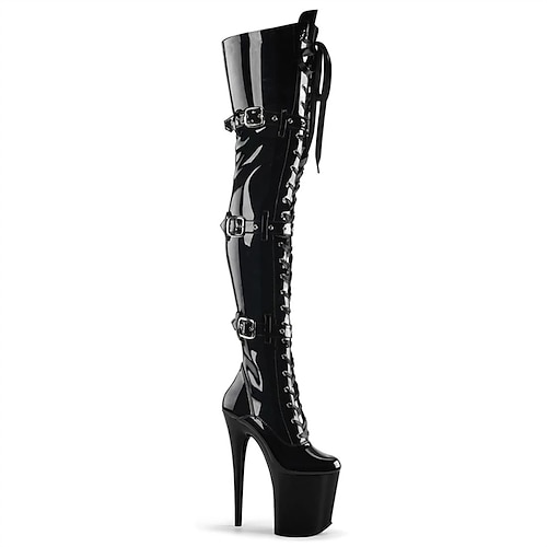 Overknee-Stiefel aus rotem Lackleder für Damen mit Plateausohle – Overknee-Stiefel mit Schnallenriemen und Stilettoabsatz für Clubwear, Cosplay und exotische Tanzauftritte Image