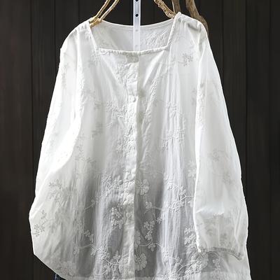TEMU Elegant Women's Floral Embroidered Off-shoulder Blouse - White Lace Shirt With Intricate Flower Patterns, Button-up Front, Non-stretch Fabric, All Image