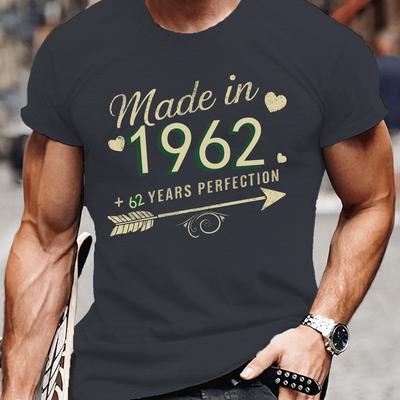 TEMU Made In 1962 62 Years Print Men's Summer Tee Shirt, Breathable Comfortable Tees For Men, Lightweight Round Neck T-shirt For Outdoor Activities Image