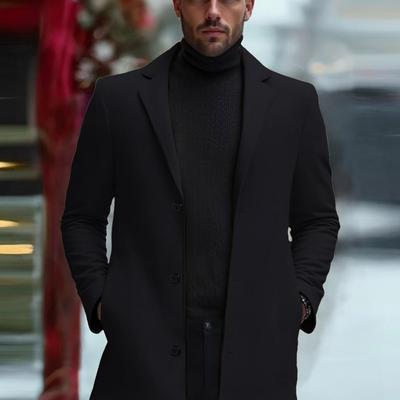 TEMU Men' Mustard Yellow Tweed Coat - Mid-length Casual Windbreaker With Double-breasted Buttons, Lapel Collar & Side Pockets, Spring And Fall, Spring Coat | Wear | Elegant Longline Coat Image