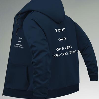 TEMU Men's Customizable Navy Blue Hooded Jacket - Casual Zip-up Coat With Text/photo/logo, Machine-washable Polyester, Regular Fit & Front Pockets, Zipper Closure Image