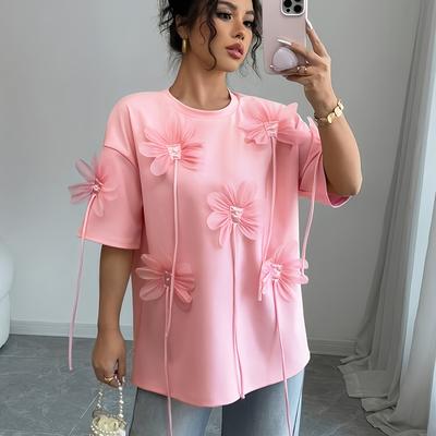 TEMU Women's Casual Short Sleeve T-shirt With 3d Floral Appliqué - Soft Pink Machine-washable Top, Medium Stretch & Relaxed -season Image