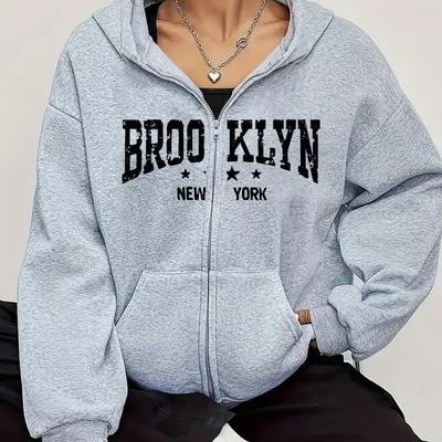 TEMU Women's Brooklyn New Graphic Hooded Zip-up Jacket With , Kangaroo Pocket Casual Sporty Pullover, Machine Washable Outerwear Image