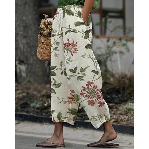 Damen Hose aus Baumwollleinen Abgeschnittene Hose Streetwear Boho Knöchellang Mittlere Taille Blumen Elastischer Bund Bequem Alltagskleidung Ausgehen Weiß Sommer Frühling Normale Passform