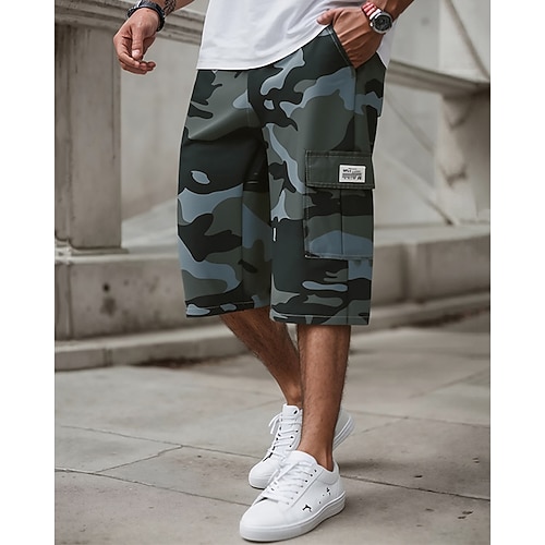 Herren Cargo-Shorts Caprihose Shorts mit Camouflage-Muster Sommershorts Kordelzug Elastischer Bund Mehrere Taschen Tarnung Komfort tragbar Wadenlang Outdoor Sport Täglich Mode Lässig Khaki Armeegrün Image