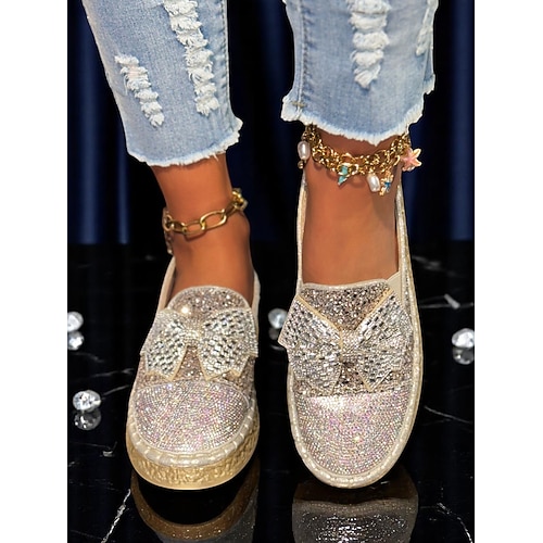 Damen-Slipper mit silbernem Glitzer-Plateau – mit Strasssteinen verziert, gepolsterte Sohle, partytauglicher Glanz für Abende, Festivals und Konzerte Image