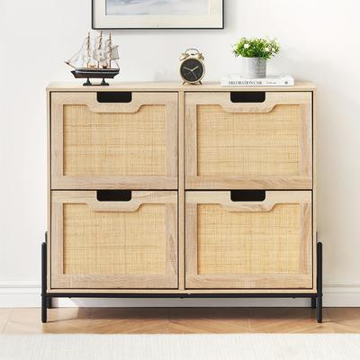 TEMU Rattan Shoe Storage Cabinet With 4 Flip Drawers, Freestanding Shoe Organizer With Adjustable Shelves For Entryway, Narrow Shoe Rack Cabinet, Farmhouse Slim Shoe Cabinet, Oak Image