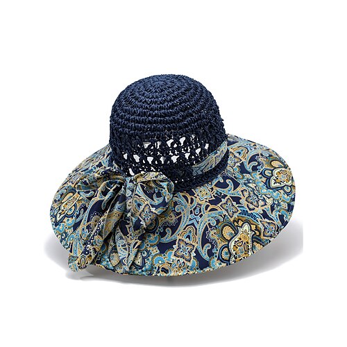 Damen-Sonnenhut aus Stroh mit breiter Krempe und bunter Schleife im Ethno-Print – faltbarer Strandhut im Boho-Stil für Sommerreisen und Urlaub Image