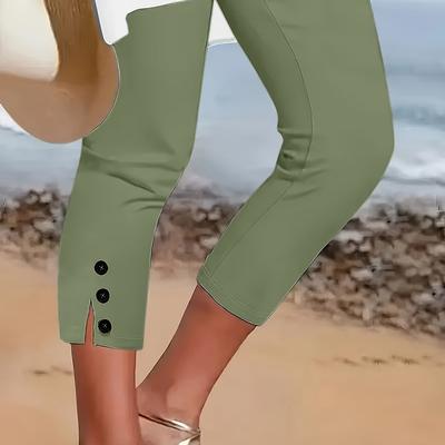 TEMU Women' Olive Green Capri Leggings With Button Details - Slim Fit, Versatile Casual Wear For Everyday , Seasonal Fashion | Comfortable Fabric Image