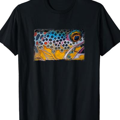 TEMU Men's Brown Trout& Dry Fly Graphic Tshirt 100% Cotton 220gsm Heavyweight Casual Tee With Vibrant Fish& Fly Artwork, Round Neck Short Sleeve, Machine Washable, Image