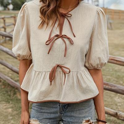 TEMU Women's Summer Casual Blouse With Contrast Bow Neck, Short Puff Sleeves, And Colorful Bow Detail - Light Beige V-neck Top For Casual Attire, Ladies Blouses Image