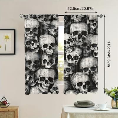 TEMU 2pcs Gothic Print Curtains - Contemporary Black & With Rod Pocket For Easy Hanging, Living Room, Bedroom, Kitchen & Office Decor, Machine Washable Polyester, Curtains For Living Room Image